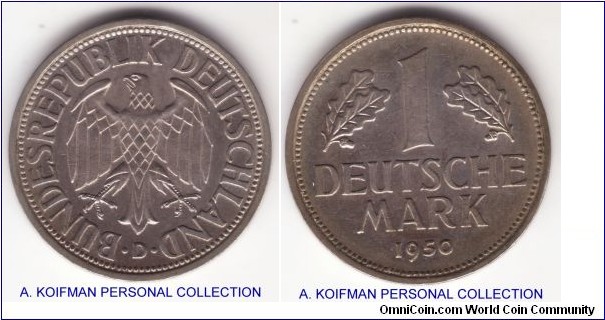 KM-110, Germany (Federal Republic) one mark, Munich mint (D mint mark); copper-nickel, ornamented edge; extra fine or so, onverse is better.