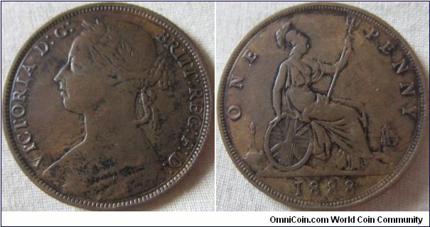 1888 penny type B with missing top left Serifs on the I's in Victoria