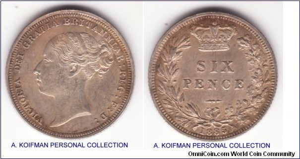 KM-757, 1885 Great Britain 6 pence; silver, reeded edge; uncirculated or almost, greyish toned.
