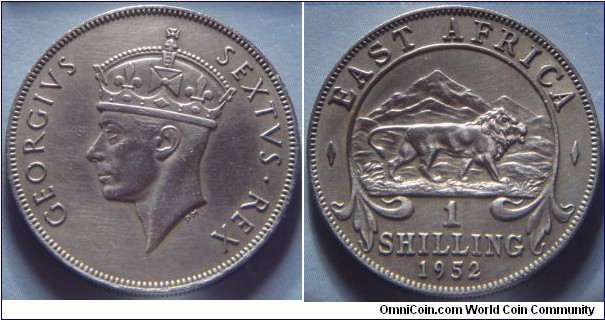 East Africa | 
1 Shilling, 1952 | 
27.8 mm, 7.81 gr. | 
Copper-nickel | 

Obverse: King George VI facing left | 
Lettering: GEORGIVS SEXTVS • REX | 

Reverse: Lion and mountain, denomination and date below | 
Lettering: EAST AFRICA 1 SHILLING 1952 |