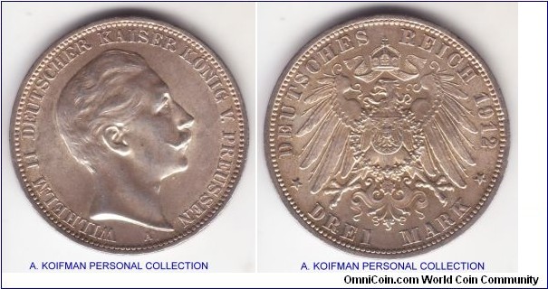 KM-527, 1912 German States Prussia 3 marks, Belin mint (A mint mark); silver, lettered edge; average uncirculated but lustrous.