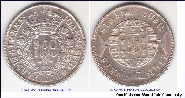 KM-326.1, 1820 Brazil (Colony) 960 reis, Rio mint (R mint mark); silver, milled edge; struck over colonial 8R, weakly struck as usual for the overstriking, extra fine or about.