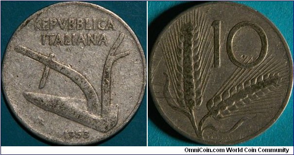 10 Lire, with plough and wheat. third year for this design which lasted 50 years. Al, 23 mm