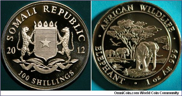 African Elephants, 100 Shillings, 1 oz Ag bullion coin. 38.5 mm