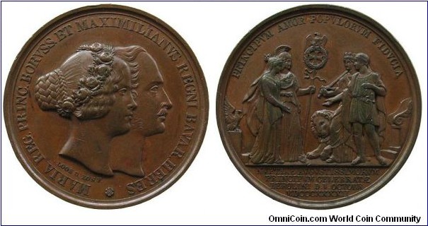 1842 German Friedrich William IV., 1840-1861. On the marrige of his cousin Maria & Maximilian II of Bavaria Medal. Bronze: 42.6MM
Obv: Bust of Maria & Maximilian II facing right Legend MARIA REG PRINC BORVSS ET MAXIMILIANVS REGNI BAVAR HERES. Signed LOOS N EON F. Rev: Bride Maria in gown & Minerva on left with German Eagle behind, Maximilian II in ancient dress with Guard & Bavaria Lion on right. Legend FRINGIPVM AMOR POPVLORVM FINVCIA. 4 lines inscription with dated MDCCCXXXXII below
