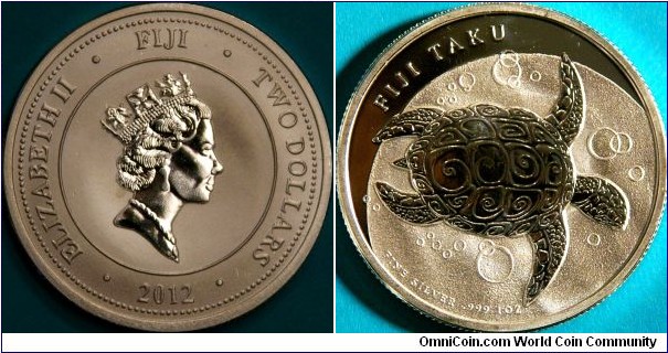 2 Dollars, with sea turtle, 1 oz Ag bullion coin, 40 mm