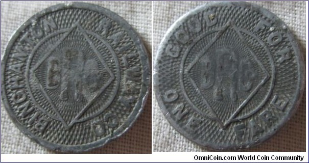 binghamton railway co, 1 fare token, made between 1901 and 1930