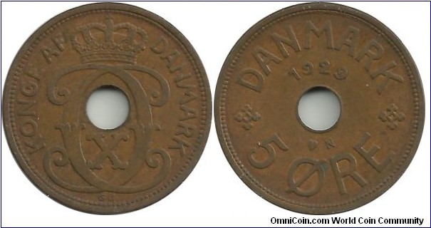 Denmark 5 Øre 1929-Christian X