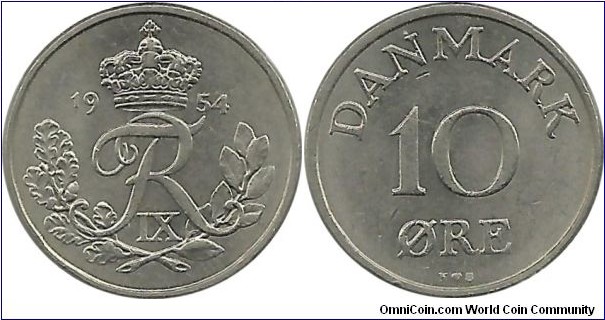 Denmark 10 Øre 1954-Frederik IX