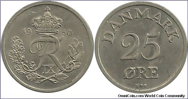 Denmark 25 Øre 1950-Frederik IX