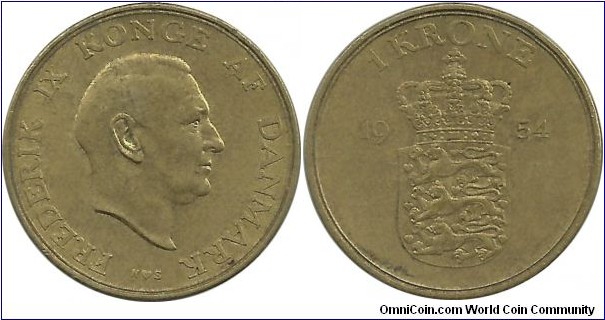 Denmark 1 Krone 1954-Frederik IX