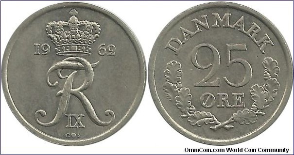 Denmark 25 Øre 1962-Frederik IX