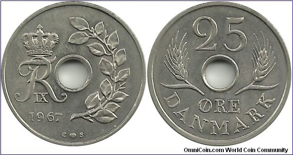 Denmark 25 Øre 1967-Frederik IX