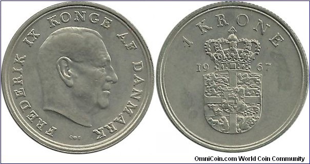 Denmark 1 Krone 1967-Frederik IX