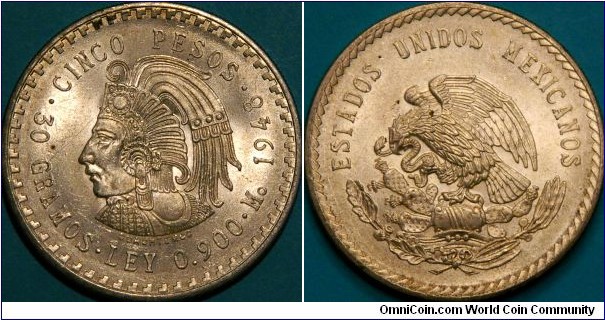 5 Pesos, with Aztec chieftain 'Cuauhtemoc', Ag, 40 mm