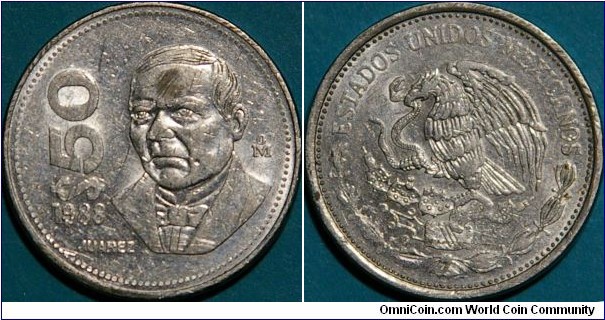 50 Pesos, with Benito Pablo Juárez García, Cu-Ni, 23.5 mm