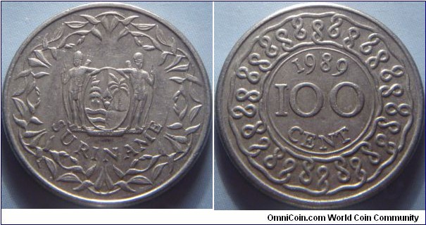 Suriname | 
100 Cent, 1989 | 
23 mm, 5.6 gr. | 
Copper-nickel | 

Obverse: National Coat of Arms inside wreath | 
Lettering: SURINAME | 

Reverse: Denomination in centre, date above | 
Lettering: 1989 100 CENT |