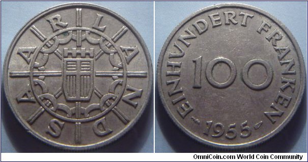 Saarland | 
100 Franken, 1955 | 
24 mm, 6 gr. | 
Copper-nickel | 

Obverse: Coat of Arms | 
Lettering: SǁAǁAǁRǁLǁAǁNǁDǁ | 

Reverse: Denomination in centre, date below | 
Lettering: EINHUNDERT FRANKEN 1955 |