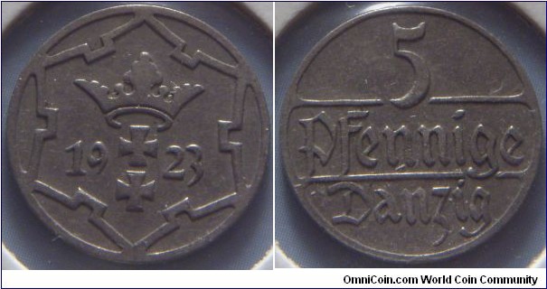 Danzig | 
5 Pfennige, 1923 | 
17.5 mm, 2 gr. | 
Copper-Nickel | 

Obverse: Coat of Arms divide date within snowflake design | 
Lettering: 1923 |

Reverse: Denomination | 
Lettering: 5 Pfennige Danzig |