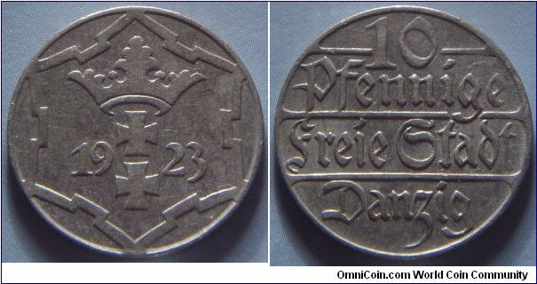 Danzig | 
10 Pfennige, 1923 | 
21.5 mm, 4 gr. | 
Copper-Nickel | 

Obverse: Coat of Arms divide date within snowflake design | 
Lettering: 1923 |

Reverse: Denomination | 
Lettering: 10 Pfennige Freie Stadt Danzig |