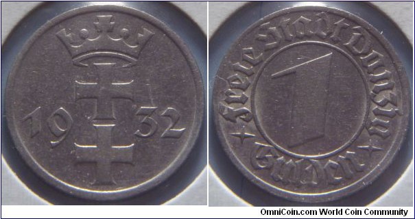 Danzig | 
1 Gulden, 1932 | 
23.5 mm, 5 gr. | 
Nickel | 

Obverse: Coat of Arms divide date | 
Lettering: 1932 | 

Reverse: Legend surround denomination | 
Lettering: * Freie Stadt Danzig * 1 Gulden |