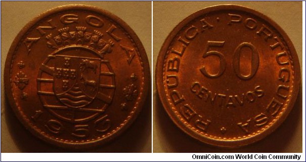 Angola | 
50 Centavos, 1953 | 
20 mm, 4 gr. | 
Bronze | 

Obverse: Portuguese Coat of Arms, date below | 
Lettering: ANGOLA 1953 | 

Reverse: Legend surrounds denomination | 
Lettering: REPÚBLICA • PORTUGUESA 50 CENTAVOS |