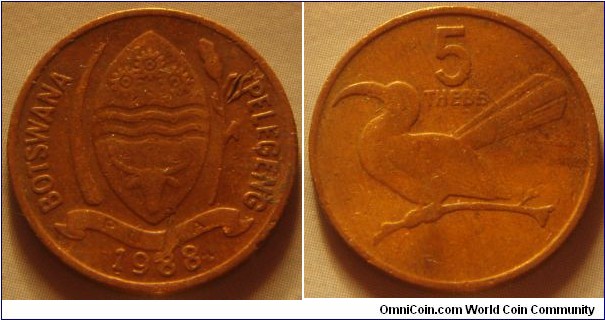 Botswana | 
5 Thebe, 1988 | 
19.5 mm, 2.8 gr.| 
Bronze

Obverse: National Coat of Arms, date below | 
Lettering: BOTSWANA IPELEGENG | 

Reverse: Toko bird facing left, denomination above | 
Lettering: 5 THEBE |