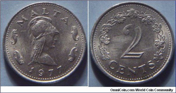 Malta | 
2 Cents, 1977 | 
17.7 mm, 2.2 gr. | 
Copper-nickel | 

Obverse: Penthesilea, Queen of the Amazons, four fish, date below | 
Lettering: MALTA, 1977 | 

Reverse: Denomination within wreath of vine leaves | 
Lettering: 2 CENTS |