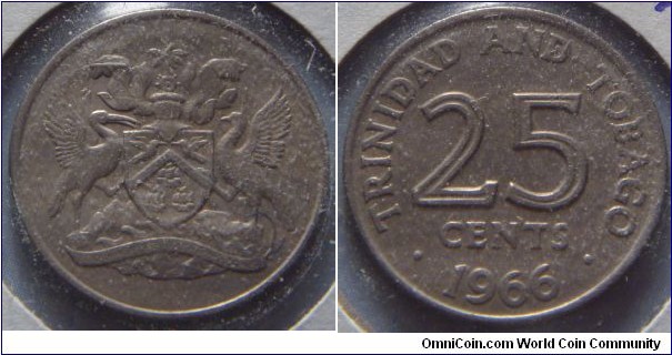 Trinidad & Tobago | 
25 Cents, 1966 | 
20mm, 3.5 gr. | 
Copper-nickel | 

Obverse: National Coat of Arms | 

Reverse: Denomination, date below | 
Lettering: • TRINIDAD AND TOBAGO • 25 CENTS 1966 |