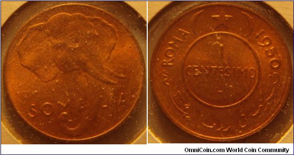 Somalia | 
1 Centesimo, 1950 | 
20 mm, 3 gr. | 
Copper | 

Obverse: African elephant | 
Lettering: SOMALIA | 

Reverse: Denomination within circle, star flanked by crescents above, date upper right | 
Lettering: ROMA 1950 1 CENTESIMO - |