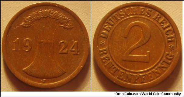 Weimar Republic | 
2 Pfennig, 1924 J | 
20 mm, 3.3 gr. | 
Bronze | 

Obverse: Wheatsheaf divides date | 
Lettering: 1924 J | 

Reverse: Denomination | 
Lettering: * DEUTSCHES REICH 2 * REICHSPFENNIG |