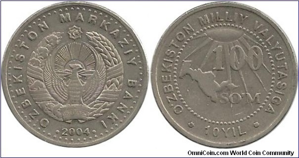 Uzbekistan 100 Som 2004 - 10th Anniversary of State Currency