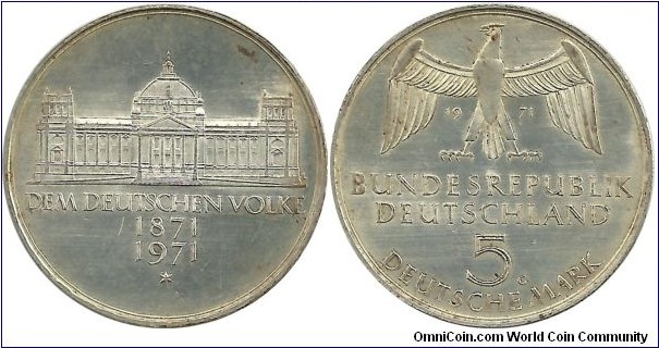 Germany 5 Deutsche Mark 1971G - 100th Anniversary of German Unity