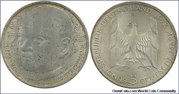 Germany 5 Deutsche Mark 1978D - 100th Anniversary, Birth of Gustav Stresemann