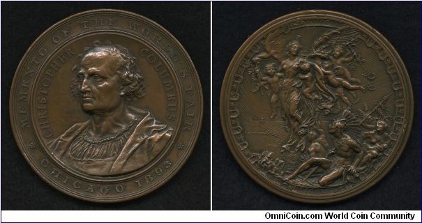 1893 World's Columbian Exposition Milan Medal designed by Lodovico Pagliaghi engraved by Angelo Cappuccio SC &  struck by Stefano Johonson, Milan. Bronze: 59MM 
Obv: Bust of Christopher Columbus, beardless and hatless, to left, in a small circular central panel, his name to either side. Legend: MOMENTO OF THE WORLD'S FAIR CHICAGO, 1893. Rev:  Portays the fruits of 