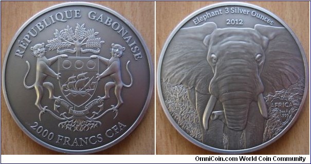 2000 Francs CFA - Elephant - 3 oz 0.999 silver antique finish - mintage 500 pcs only