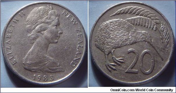 New Zealand |
20 Cents, 1983 |
28.58 mm, 11.31 gr. |
Copper-nickel |

Obverse: Queen Elizabeth II facing right, date below |
Lettering: ELIZABETH II NEW ZEALAND 1983 |

Reverse: Kiwi Bird, denomination below |
Lettering: 20 |