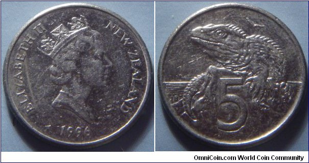 New Zealand |
5 Cents, 1996 |
19.43 mm, 2.83 gr. |
Copper-nickel |

Obverse: Queen Elizabeth II facing right, date below |
Lettering: ELIZABETH II NEW ZEALAND 1996 |

Reverse: Tuatara Lizard, denomination below |  
Lettering: 5 |