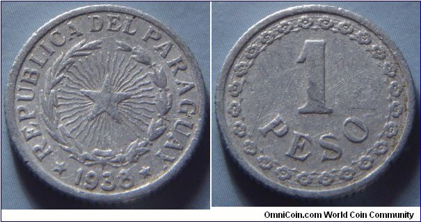 Paraguay |
1 Peso, 1938 |
19.4 mm, 1.3 gr. |
Aluminium |

Obverse: Stars and rays within wreath, date below | 
Lettering: * REPUBLICA DEL PARAGUAY * 1938 |

Reverse: Denomination within ornamental ring |
Lettering: 1 PESO |