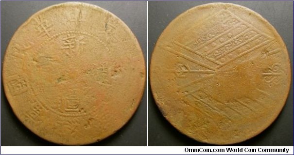 China Xinjiang Province 1910s 20 cash. Low grade. Weight: 25.94g.