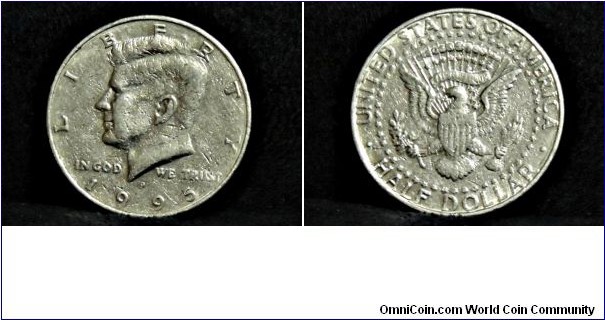 1995 Kennedy Half Dollar (Mint Mark P) VALUE: 50 cents EDGE: reeded COMPOSITION: outer layer of 75% copper, 25% nickel surrounding core of 100% copper YEARS OF MINTING: 1964-present OBVERSE DESIGN: Left portrait of John F Kennedy DESIGNER: Gilroy Roberts 1964 REVERSE DESIGN: modified presidential seal DESIGNER: Frank Gasparro 1964