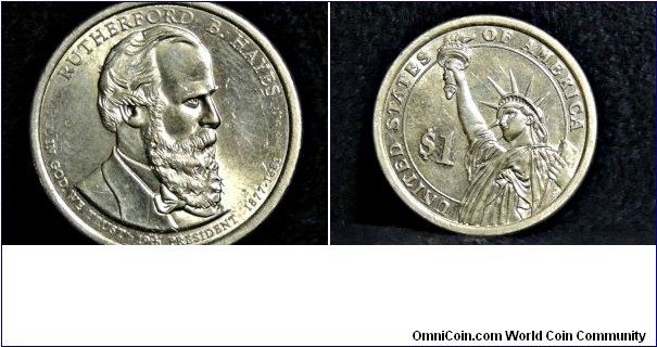 RUTHERFORD B. HAYES DOLLAR
VALUE: 1 dollar
MASS: 8.100g
DIAMETER: 26.49mm (1.043in)
EDGE: Engraved text 'E PLURIBUS UNUM''IN GOD WE TRUST'
COMPOSITION: Copper with manganese brass cladding; 88.5% Cu, 6% Zn, 3.5% Mn, 2% Ni;
YEARS OF MINTING: 2007-2011 (Circulation) 2012-Presidential Collectors Only
OBVERSE DESIGN: Portrait of President Rutherford B. Hayes
REVERSE: Statue of Liberty
DESIGNER: Don Everhart, 2007