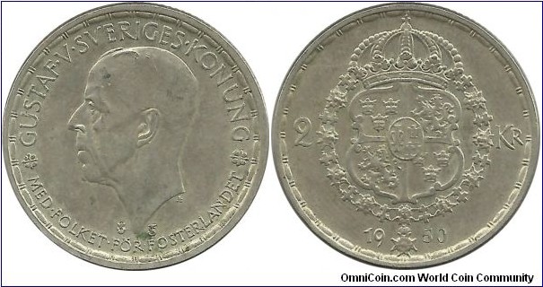 Sweden 2 Kronor 1950 - 14.00g, .400 Ag