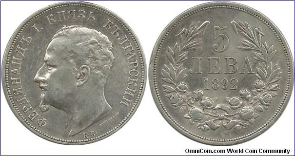 Bulgaria 5 Leva 1892