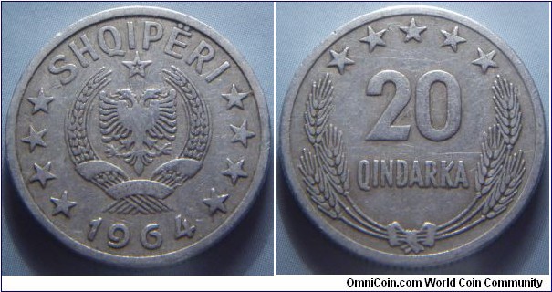 Albania | 
20 Qindarka, 1964 | 
22 mm, 1.5 gr | 
Aluminium | 

Obverse: National Coat of Arms, date below | 
Lettering: SHQIPËRI 1964 | 

Reverse: Denomination surrounded by ears of wheat and five stars | 
Lettering: 20 QINDARKA |