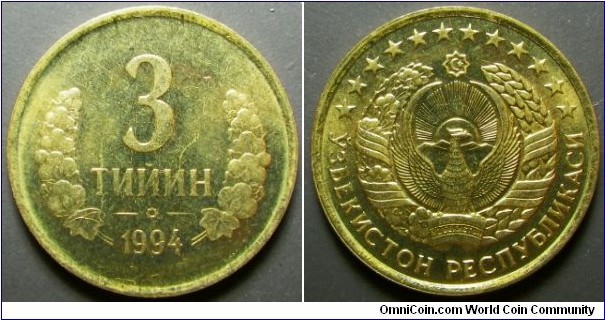 Uzbekistan 1994 3 tiyin. Small character variety. Quite scarce for some reason. Weight: 2.74g. 
