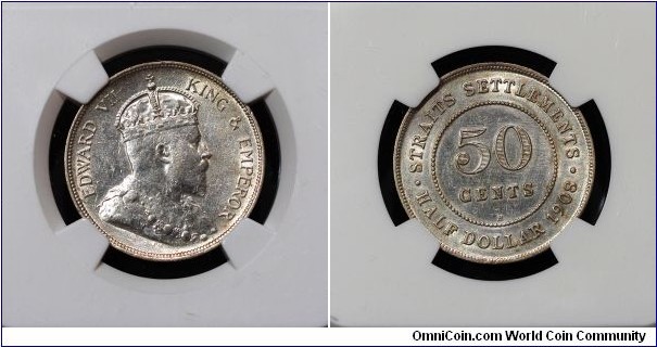 Straits Settlements Kg Edward VII 50 cents Silver AU Details