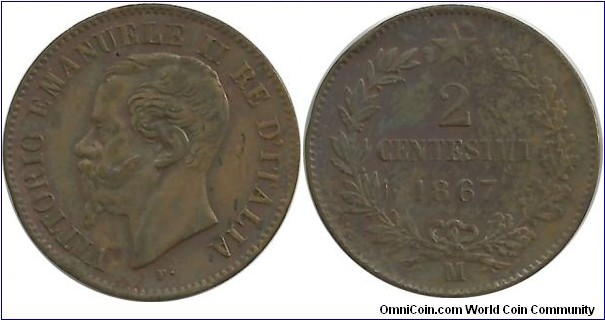 Italy-Kingdom 2 Centesimi 1867M (mint: Milano)