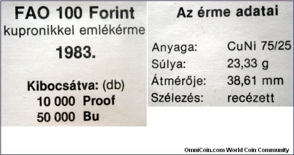 Description for 100 forint F.A.O. 1983.
Coin is in the bank plastic pocket.
