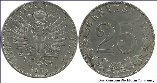 Italy-Kingdom 25 Centesimi 1902R